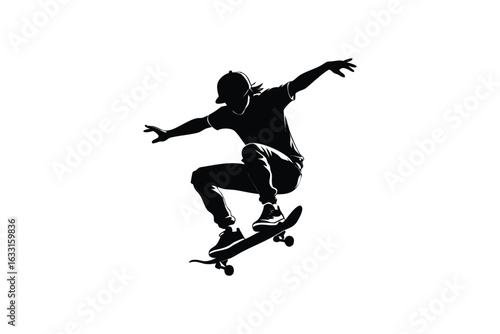 Dynamic silhouette of a skateboarder performing an aerial trick capturing the thrill of extreme sports and urban culture in a bold graphic style silhouette