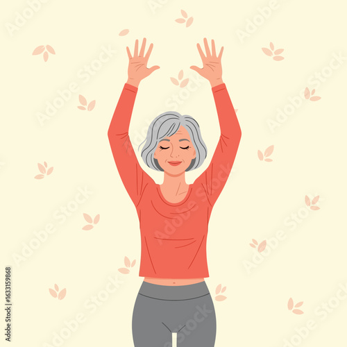 Older Woman Practicing Yoga with Her Arms Raised Overhead