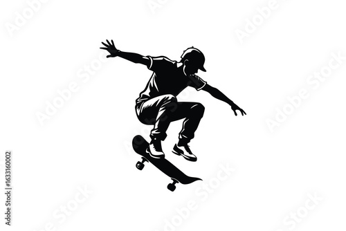 Dynamic silhouette of a skateboarder performing an aerial trick against a stark white background showcasing athletic movement and extreme sports passion silhouette