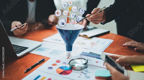 marketing funnel and data analytics used by a team of sales consultant to analyze leads generation, conversion rate, and sales performance of e commerce. multi channel advertising, customer journey.