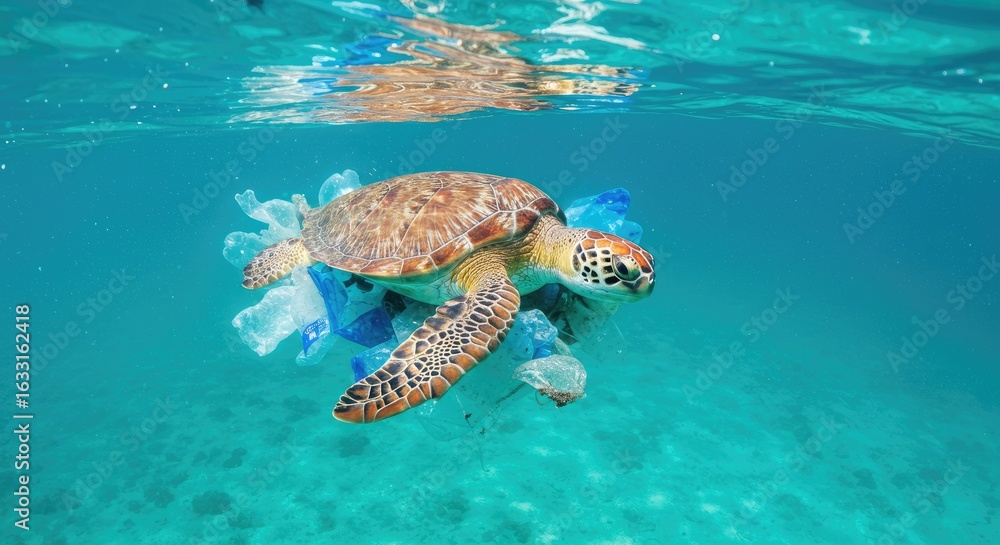 Fototapeta premium Sea Turtle Entangled in Plastic Bags, Underwater Environmental Pollution