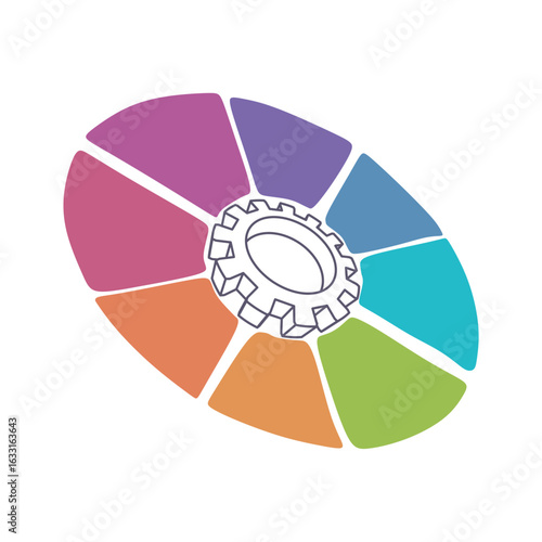 Isometric thin line style model of gear. Concept of eight features or option of project to select. Minimal infographic illustration for business, technology and industry information visualization.