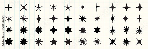 Grid of 40 black star shapes. Star shapes vary in design. Star shapes on a grid. Star shapes in a grid pattern. Diverse star shapes in black. Element vector set.