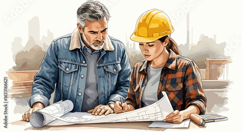 Architects reviewing blueprints construction project engineering team