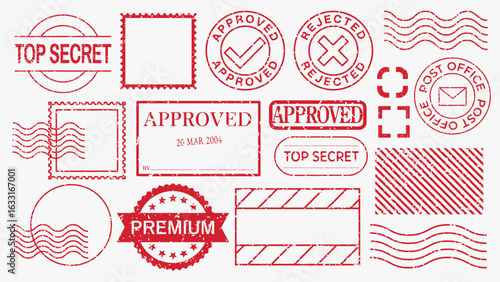 Red stamps featuring 'Approved,' 'Rejected,' 'Top Secret,' and 'Premium' designs. Various shapes and postal motifs in a vintage style. Red vintage stamps, vector set.