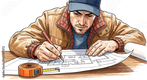 Architect drawing blueprint home design construction planning concept
