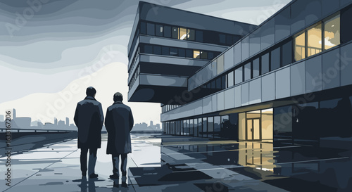 Corporate building with men looking at city skyline in the distance