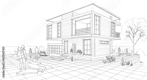 Modern house architecture design building exterior sketch blueprint