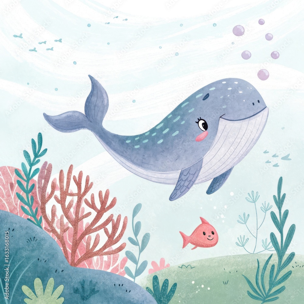 Fototapeta premium Whimsical watercolor whale and fish underwater scene