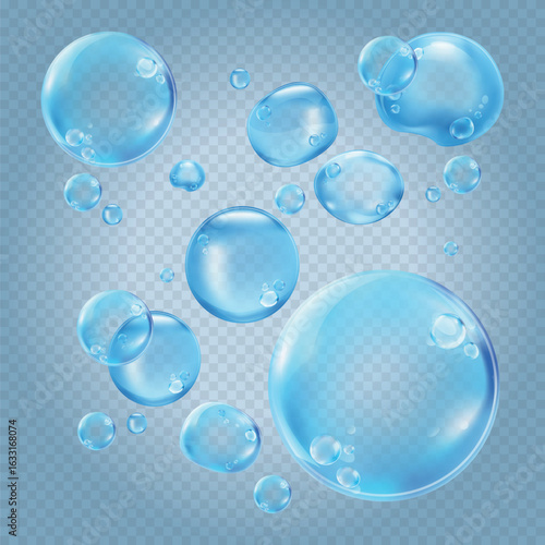 Floating blue bubbles on a transparent background. Bubbles vary in size, creating a light, airy feel. Perfect for designs needing a bubble effect. Soap bubble element vector set.