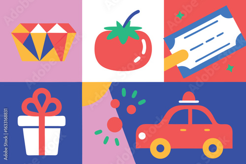 Colorful geometric icons diamond tomato ticket gift car abstract shapes set of