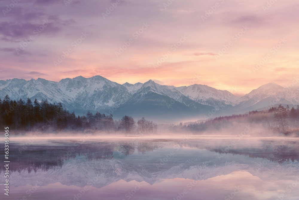 Fototapeta premium Tranquil sunrise over snowy mountain range reflecting on a calm lake, creating a dreamy winter landscape scene