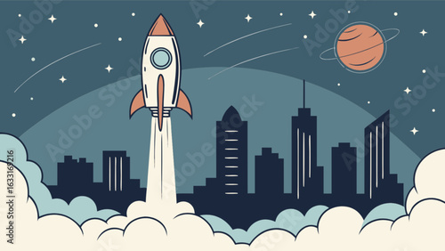 Rocket launch cityscape vector illustration for space exploration and technology startup company presentation design