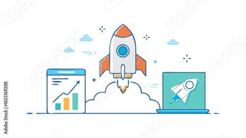 Rocket launch startup business growth chart and laptop for successful project vector illustration