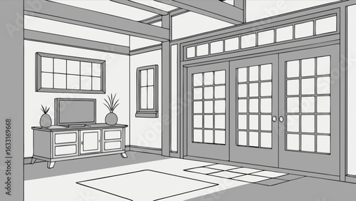 Living room interior design illustration with furniture tv windows and sliding doors drawing in gray scale