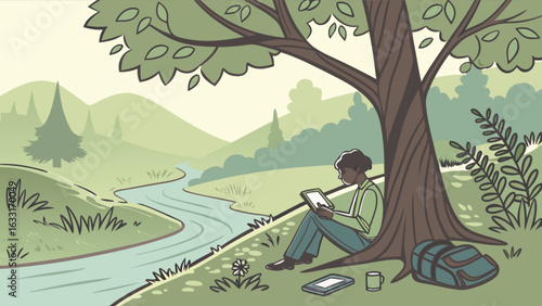 Illustration of man reading ebook in nature by river under tree for digital detox and outdoor recreation