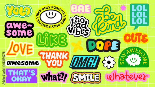 Colorful stickers with phrases like 'awesome', 'positive vibes', 'be kind', 'smile', 'thank you', and 'stay awesome' on a bright green background Funky stickers, vector set