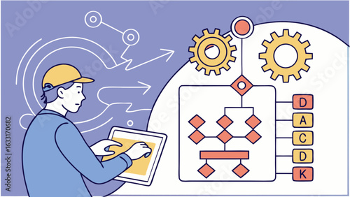 Engineer workflow automation process diagram with gears and data flow for industrial engineering design