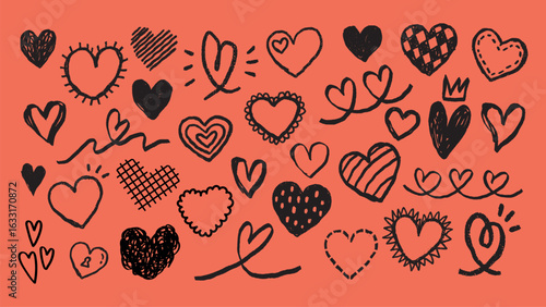 A variety of hand-drawn black hearts on an orange background. Hearts in different styles, patterns, and shapes. Playful and artistic heart designs. Cute hand drawn Valentine's Day vector set.