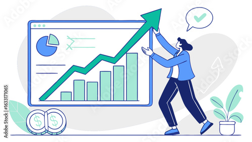 Business growth chart and financial success vector illustration for company performance and market analysis