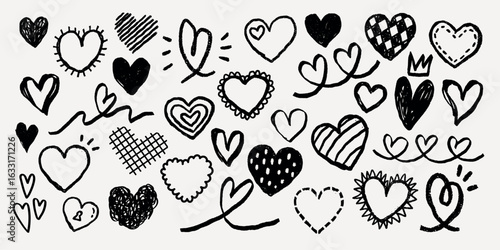 A collection of hand-drawn hearts in various styles. Black and white hearts, sketched hearts, and doodle hearts create a playful, artistic pattern. Hand drawn Valentine's Day vector set.