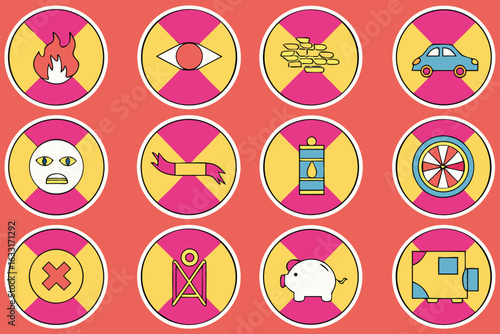 Colorful set of abstract icons with fire eye car oil barrel wheel cross piggy bank and more vector