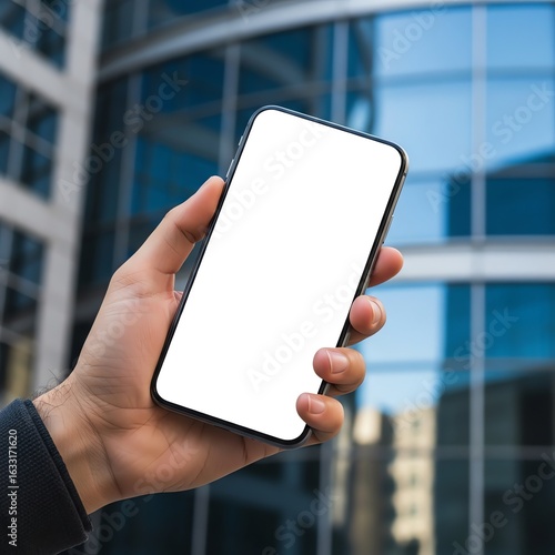 Modern hand holding blank smartphone screen with city building background for app mockups