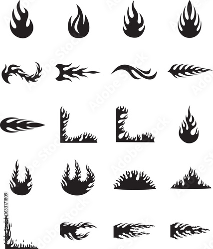 Collection of stylized flame designs; black, graphic, tribal, fire icons.