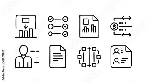 Business process management workflow diagram charts and document icons for presentation and report design