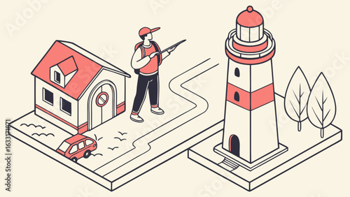 Isometric travel scene with lighthouse, house, traveler, car and trees vector illustration design
