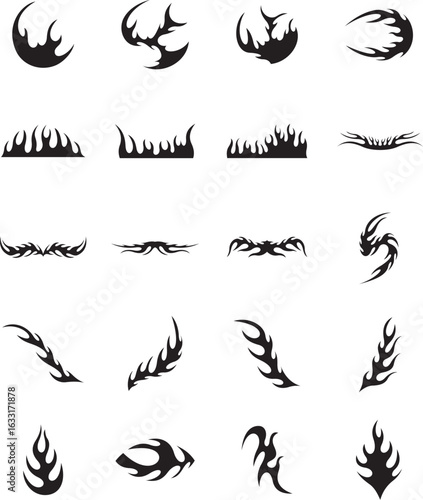 Collection of stylized flame designs; black, graphic, tribal, fire icons.