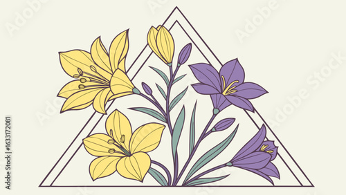 Floral triangle design with yellow and purple flowers vector illustration for print and decoration use