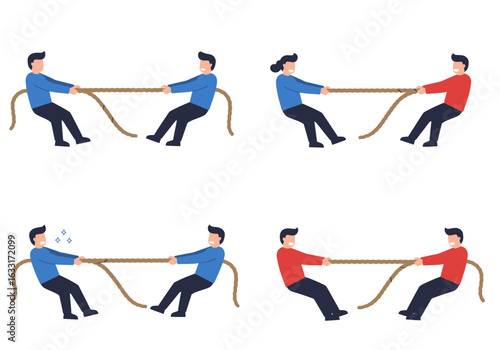 Cartoon People in Tug-of-War Competition Teamwork and Strength.