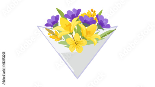 Buy yellow lilies and purple flowers arrangement in triangle vase for spring summer floral decor idea