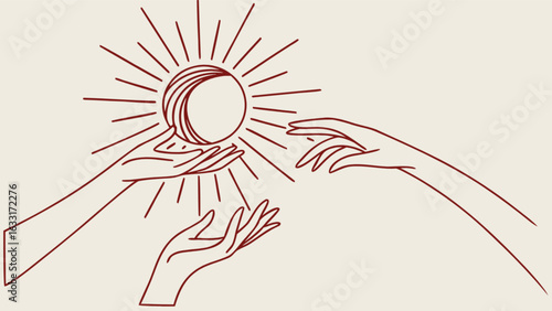 Illustration of hands reaching for the sun and moon, symbolizing magic, spiritual connection, and mystical energy, isolated on white background