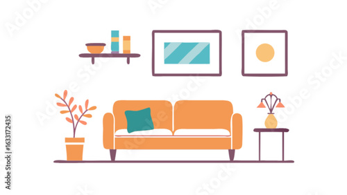 Modern living room interior design with sofa plant and wall art for home decor inspiration ideas