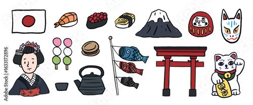 Japanese culture icons: sushi, geisha, Mount Fuji, torii gate, lucky cat, daruma doll, koi fish, tea set. Symbols of Japan, traditional and cultural elements. Japan travel illustrations vector set.