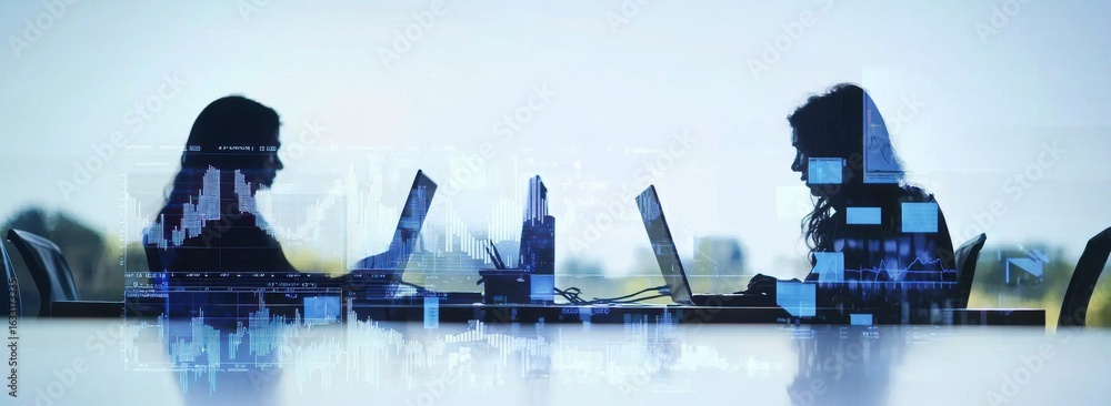 Naklejka premium Two women working together on laptops in a modern workspace, silhouetted against a digital interface with graphs and data. A blend of focus and collaboration in a tech-driven environment.