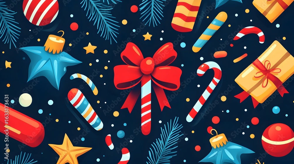 Fototapeta premium Festive christmas pattern with ornaments, candy canes, and presents.