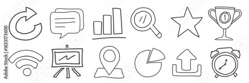 Hand-drawn icons set featuring a trophy, magnifying glass, pie chart, and more. Includes a trophy, pie chart, and magnifying glass in a simple, hand-drawn style. Hand drawn business elements, vectors.