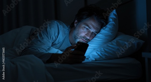 Worried Man Using Smartphone in Dark Bedroom Before Sleep
