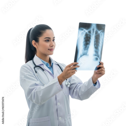 A young Asian female doctor in a white coat and stethoscope carefully examines a chest x-ray film against a white background.