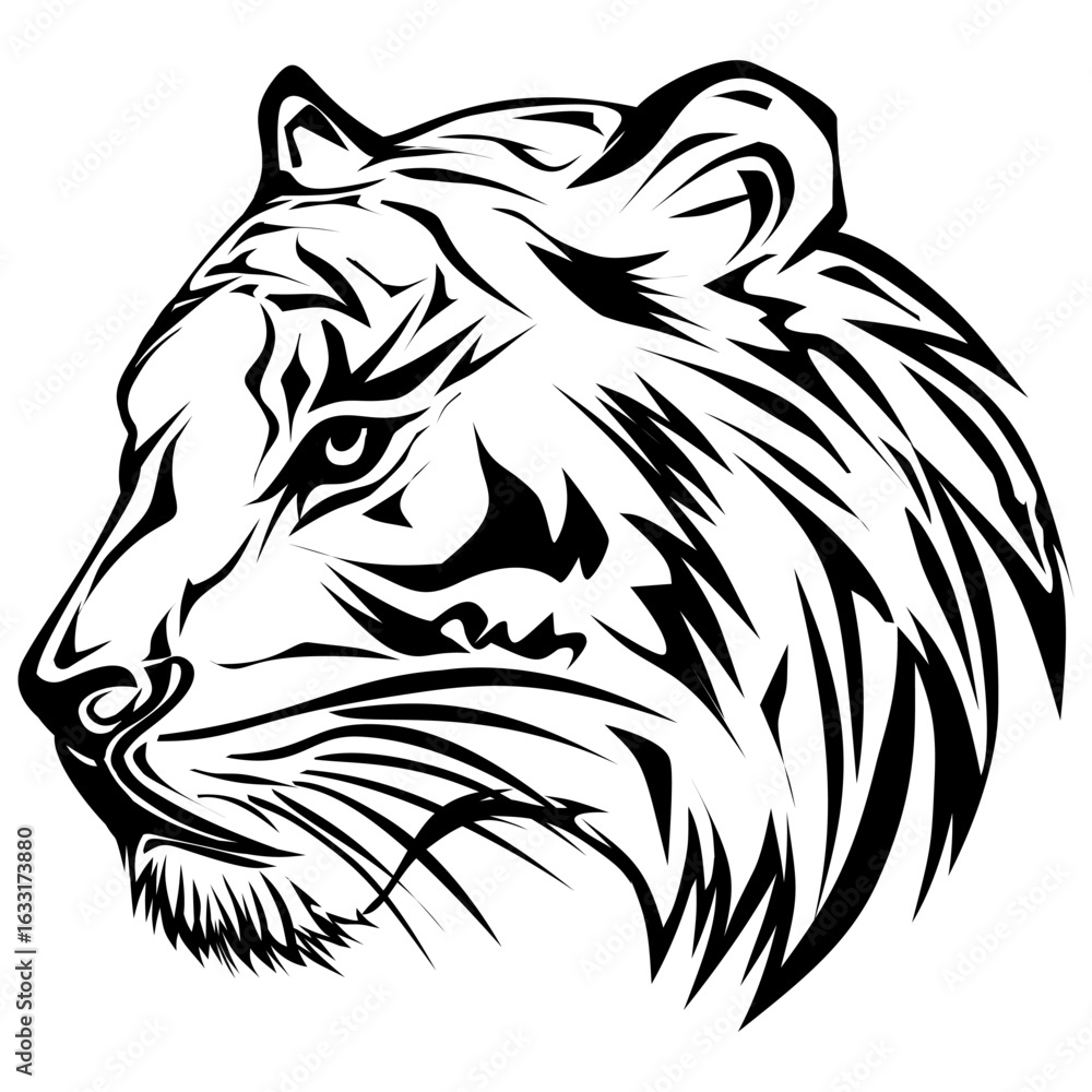 Obraz premium Fierce tiger head profile in a bold black and white tribal tattoo style illustration.