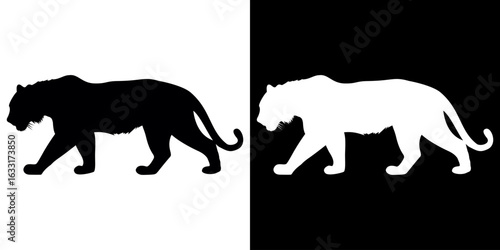 Powerful walking tiger silhouette in profile view Monochrome graphic of a stalking wild cat.