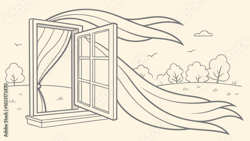 An open window with curtains blowing in the wind, revealing a peaceful landscape, a vintage style line art illustration, isolated on white background