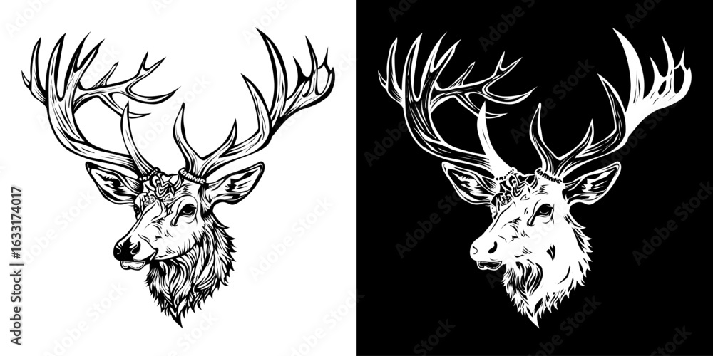 Obraz premium Monochrome graphic illustration of a majestic stag head with large detailed antlers and textured fur.