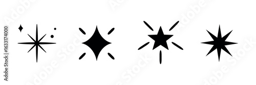 Set of four black star icons. Each star icon is unique. Black star designs vary in shape. Simple black star graphics for decoration or design. Festive element set. Vectors.