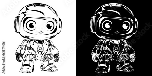 Stylized black and white illustration of a cute chibi robot with a large helmet and big eyes.