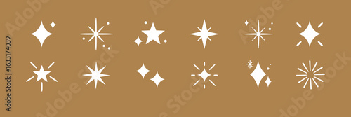 A set of 12 white star icons on a brown background. The star icons vary in shape and size, featuring classic star designs and abstract star patterns. Festive element set. Vectors.