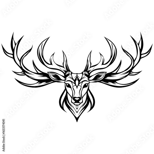 A bold, black line art illustration of a deer head, featuring a symmetrical design, a calm expression, and large, sharp, multi-pointed antlers